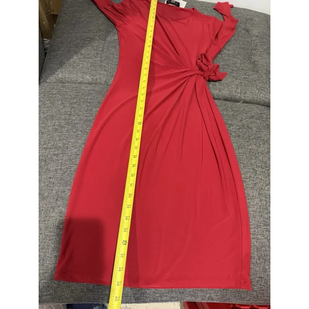 NWT Kasper Fire Red Midi Sheath Dress 3/4 Sleeve Side Tie Stretchy XS Romantic